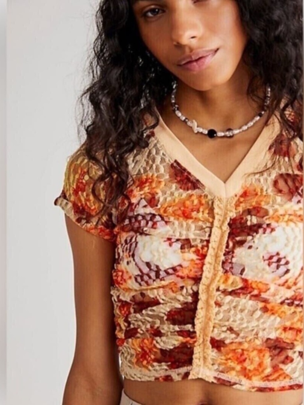 Free People Multicolor Lace Floral Ruch Top